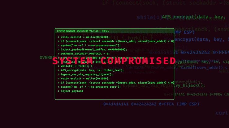 Concetto di sicurezza informatica che mostra l'iniezione di codice dannoso e la compromissione del sistema