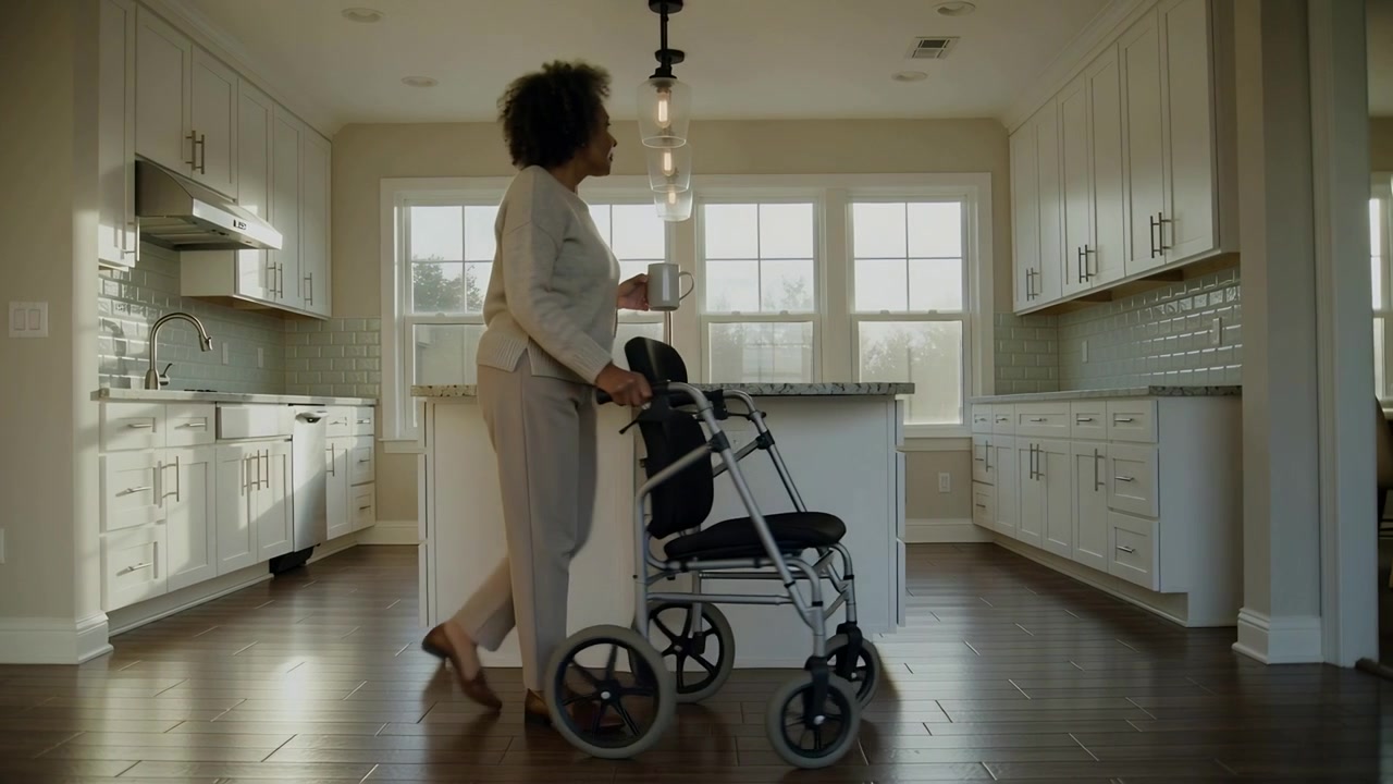 Glancing at windows, woman in beige sweater pushing wheeled walker past island holding mug