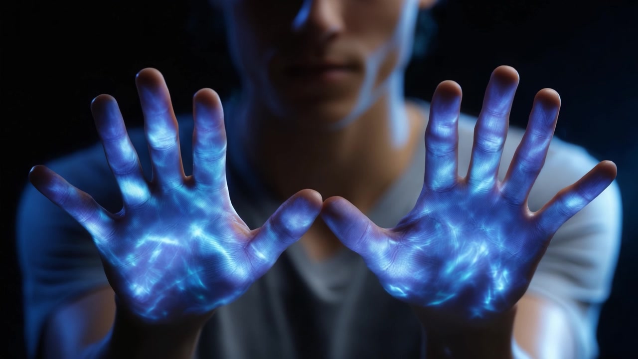 Un'affascinante esibizione di energia radiante emana dalle mani, mostrando una miscela surreale di luce blu e forma umana, evocando un senso di mistero e meraviglia.