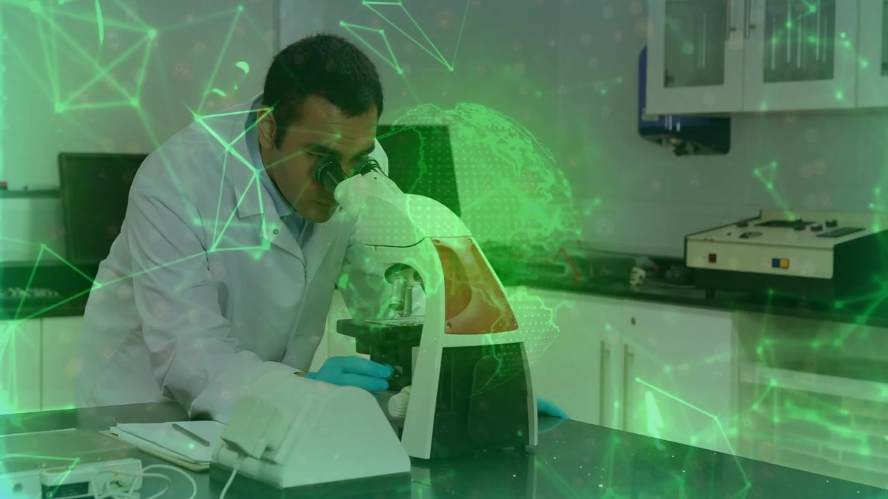 Scientist Using Microscope and Writing in Laboratory with Digital Global Network Overlay