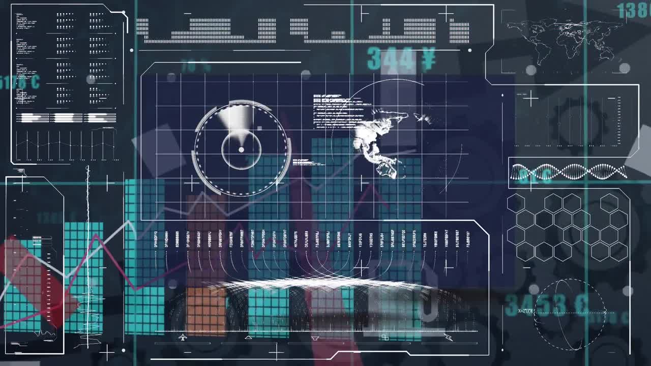 Animation of diverse data and graphs over dark digital screen