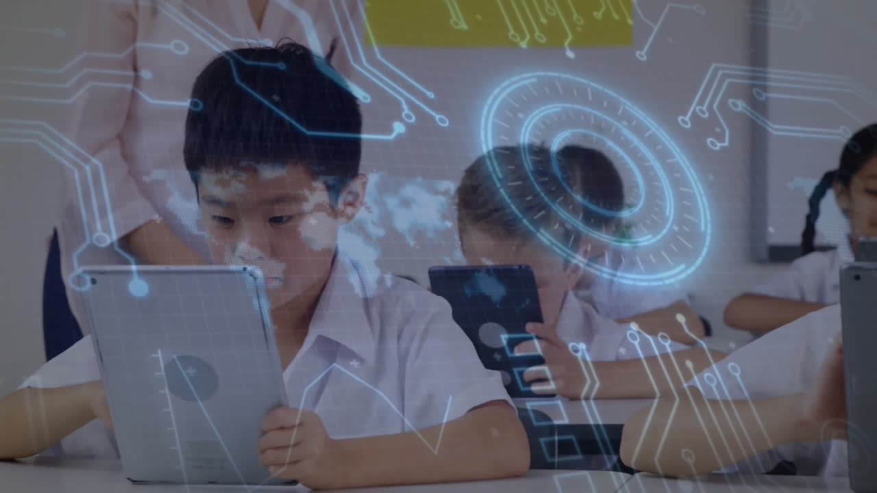 Children using tablets in classroom with digital technology animation overlay
