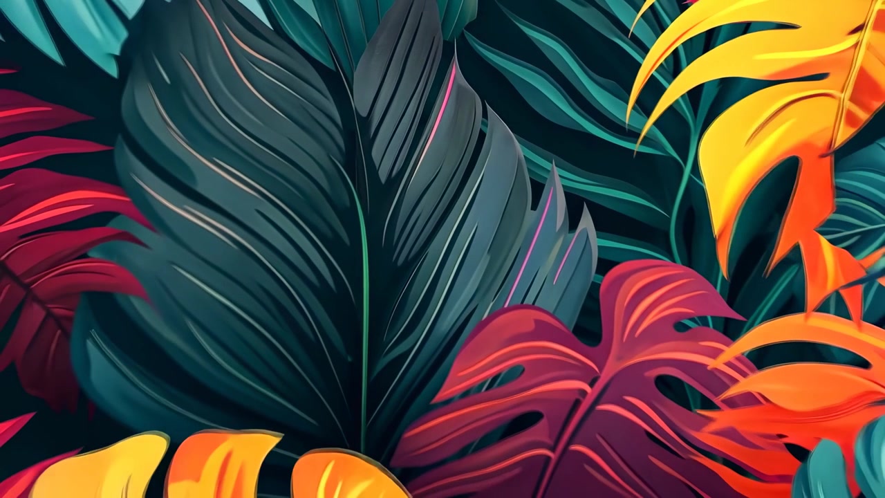 Stylized Tropical Leaves Animation with Vibrant Colors and Dynamic Growth