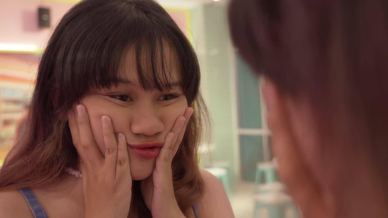 Asian woman is making awkward faces as she gazes at her own image in mirror