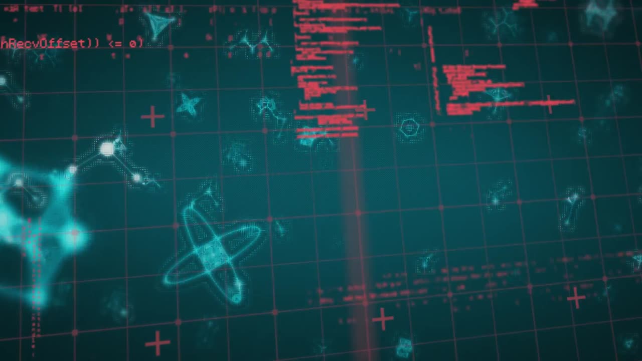 animación de pantalla digital verde con datos y moléculas