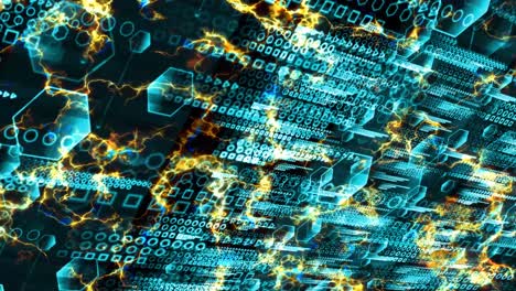Quantum computer blue tone futuristic technology digital holographic process and analysis for big data and abstract polygon on gold ice bolt  glow background