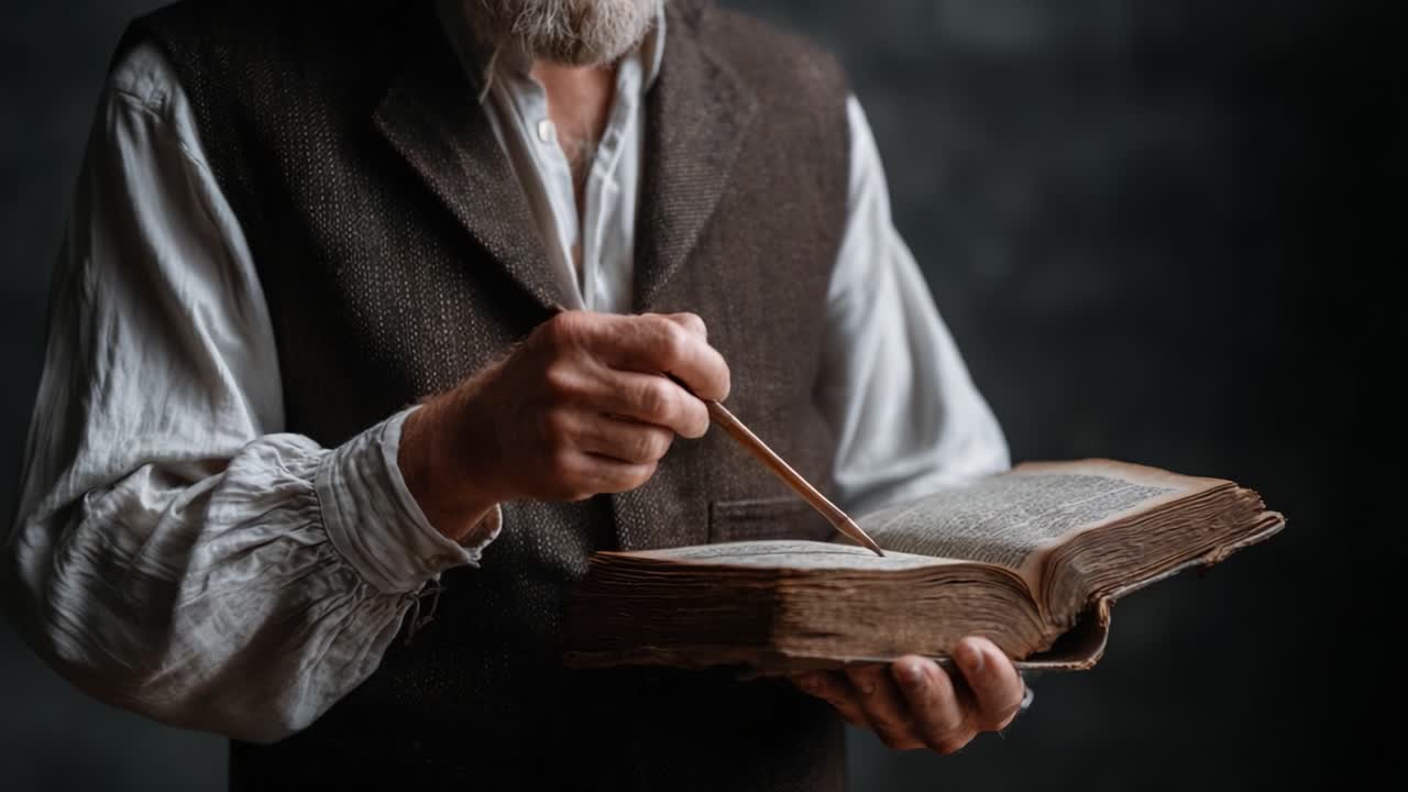 A Thoughtful Scholar Engaging with Ancient Texts: The Hands of a Curator Examining a Weathered Book with a Wooden Pointer in an Intimate Setting