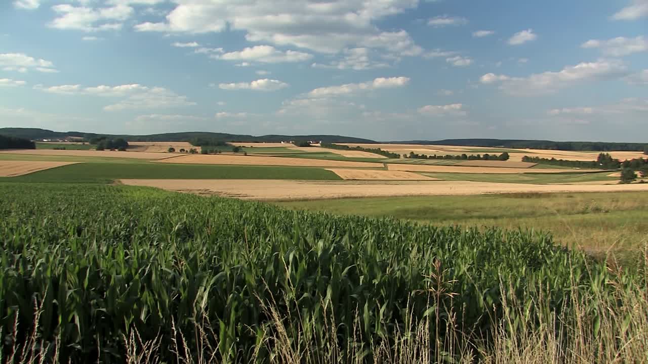 Beautiful pan shot over fields in Bavaria near Mendorf in summer, Germany
