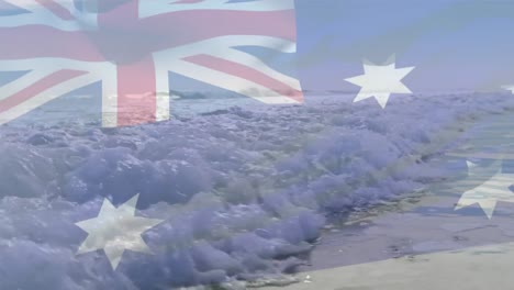 animation of flag of australia waving over sunny beach and sea