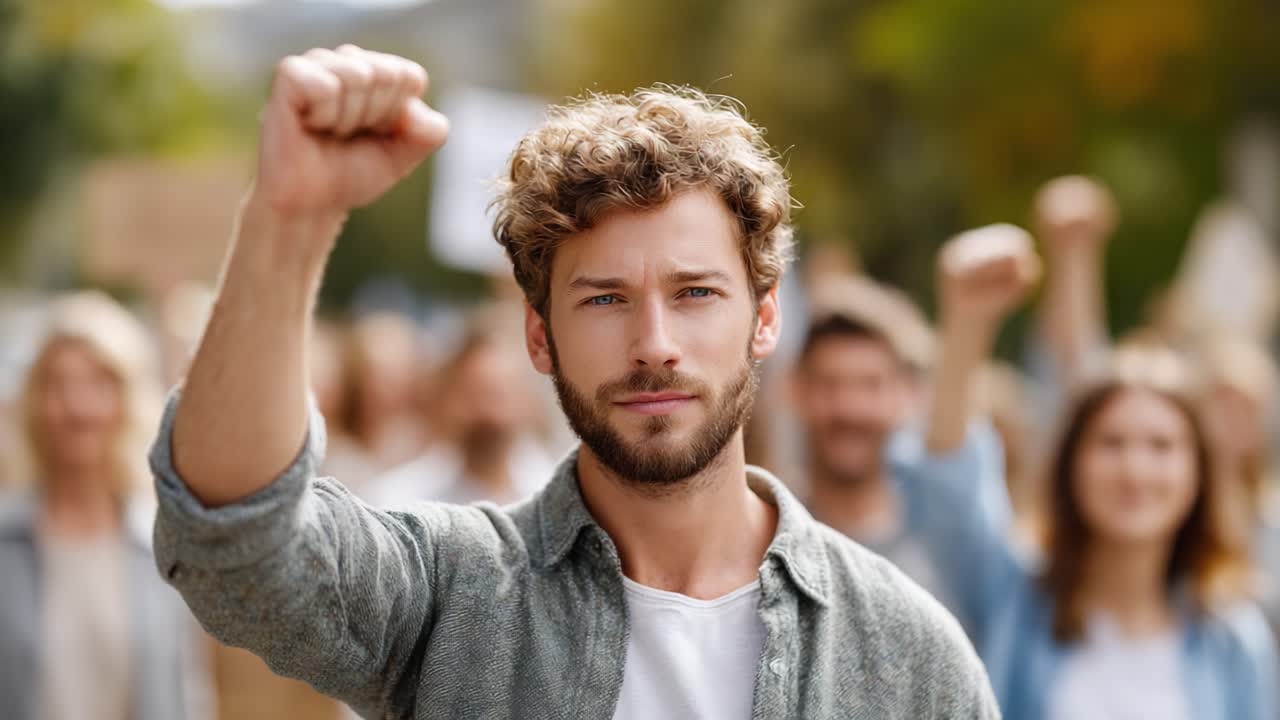 Determined Young Man Leading a Movement with a Raised Fist, Symbolizing Protest and Solidarity in a Crowded Demonstration Environment