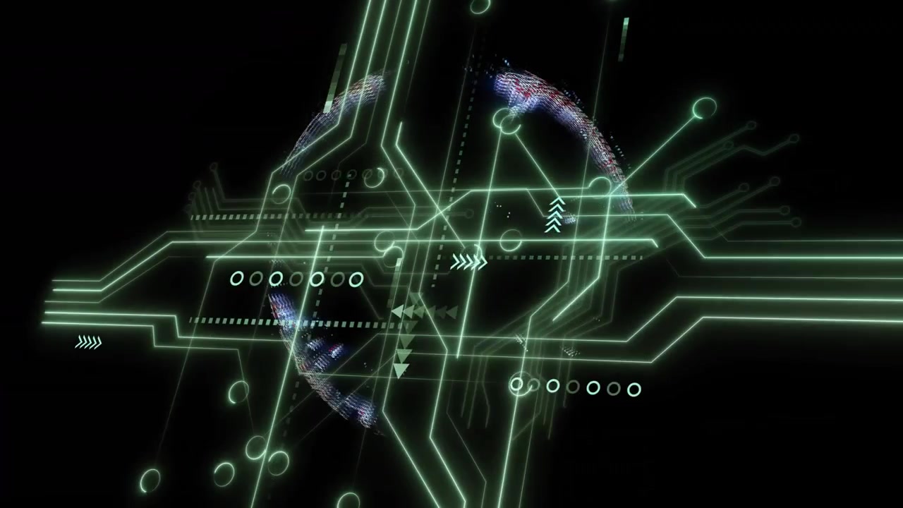 Pixel cluster forming starting digital globe rotating and linking neon circuits for data display