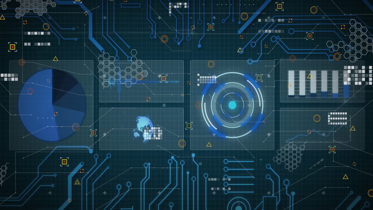 A complex digital interface displays futuristic technology