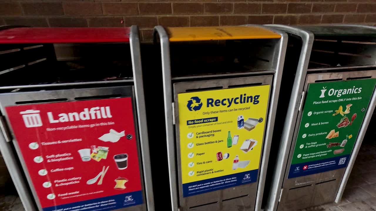 vertederos, contenedores de reciclaje y contenedores de productos orgánicos en uso