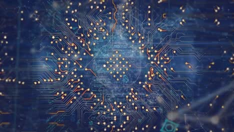 animación de una placa de circuitos informáticos con una red de conexiones y procesamiento de datos