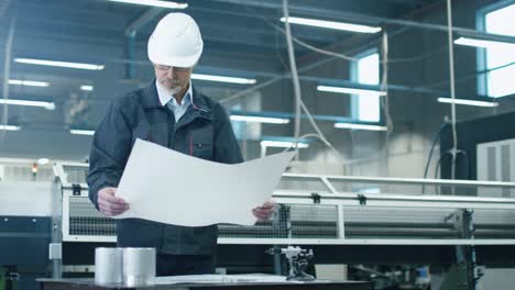 senior engineer in hardhat is standing in a factory and looking at a blueprint.