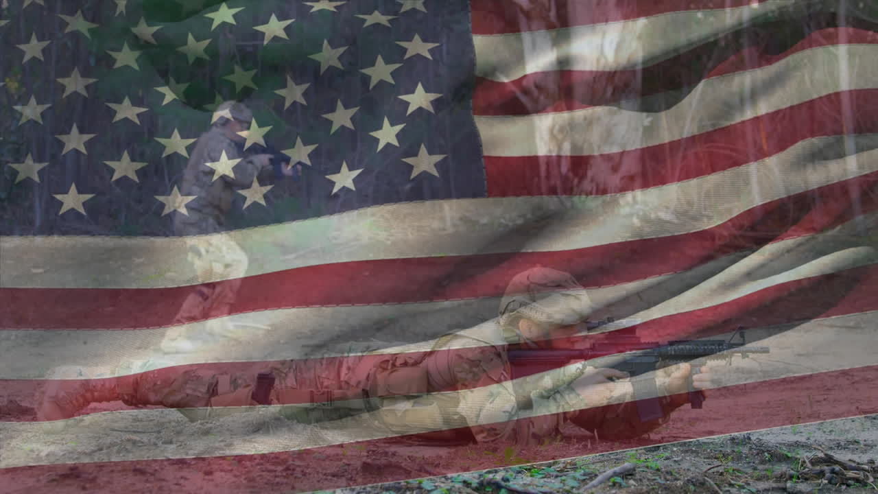 animación de la bandera de los estados unidos sobre varios soldados varones apuntando con armas