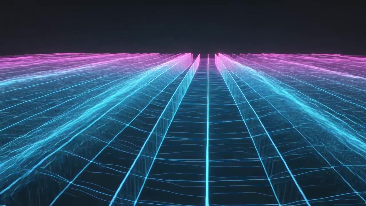 Avvio della riproduzione che anima un wireframe al neon che pulsa verso una cresta rosa, inviando strisce ciano, in loop.