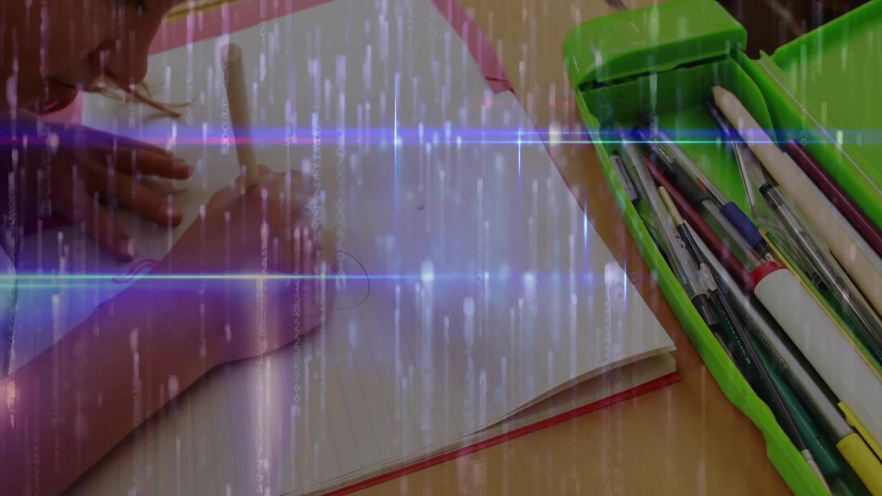 Girl drawing in education, pausing and reaching for green case needing pen, overlaying scan lines