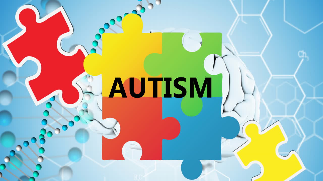 Animazione del testo 'Mese della consapevolezza sull'autismo' su puzzle e filamento di DNA