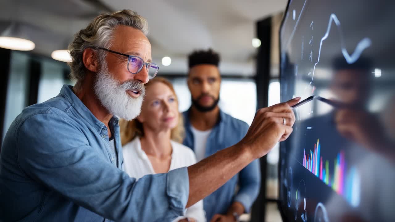 Engagerede fagfolk diskuterer dataindsigt i et moderne kontormiljø, hvor en seniorkonsulent præsenterer grafer på en digital skærm, mens kolleger ser til med interesse
