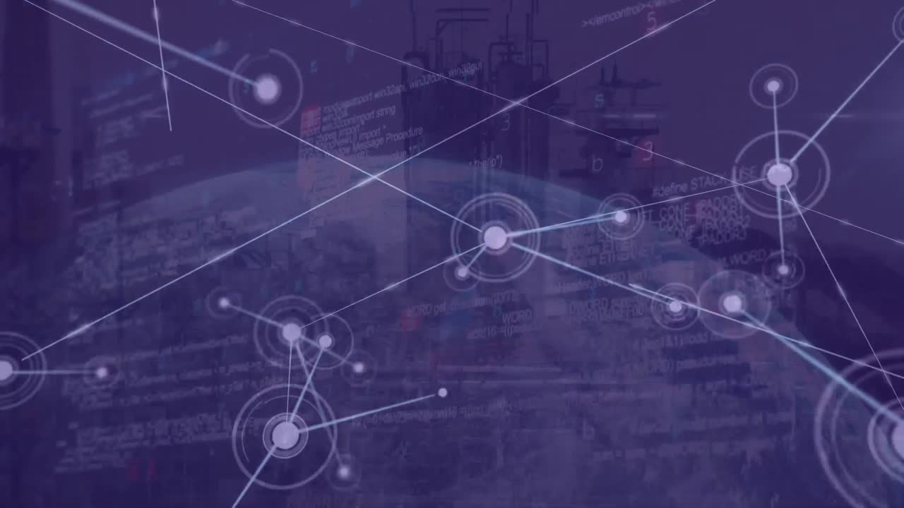 Animation of network of connections and data processing over cityscape