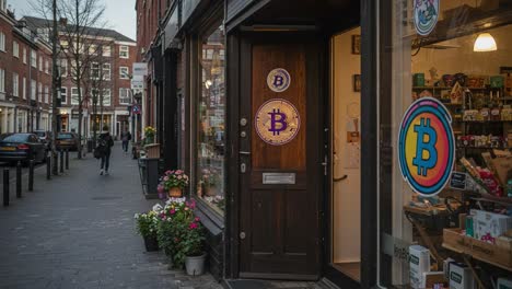exploring the intersection of cryptocurrency and local commerce: a glimpse into a bitcoin-themed shop on a lively city street
