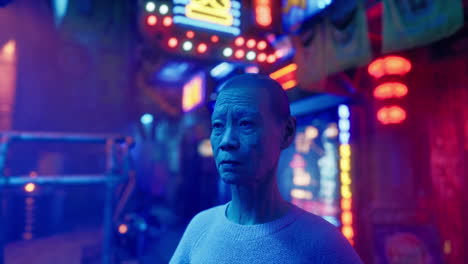 a man standing in a brightly lit city street at night