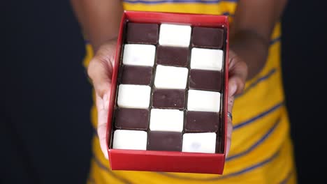 person holding a box of chocolate squares