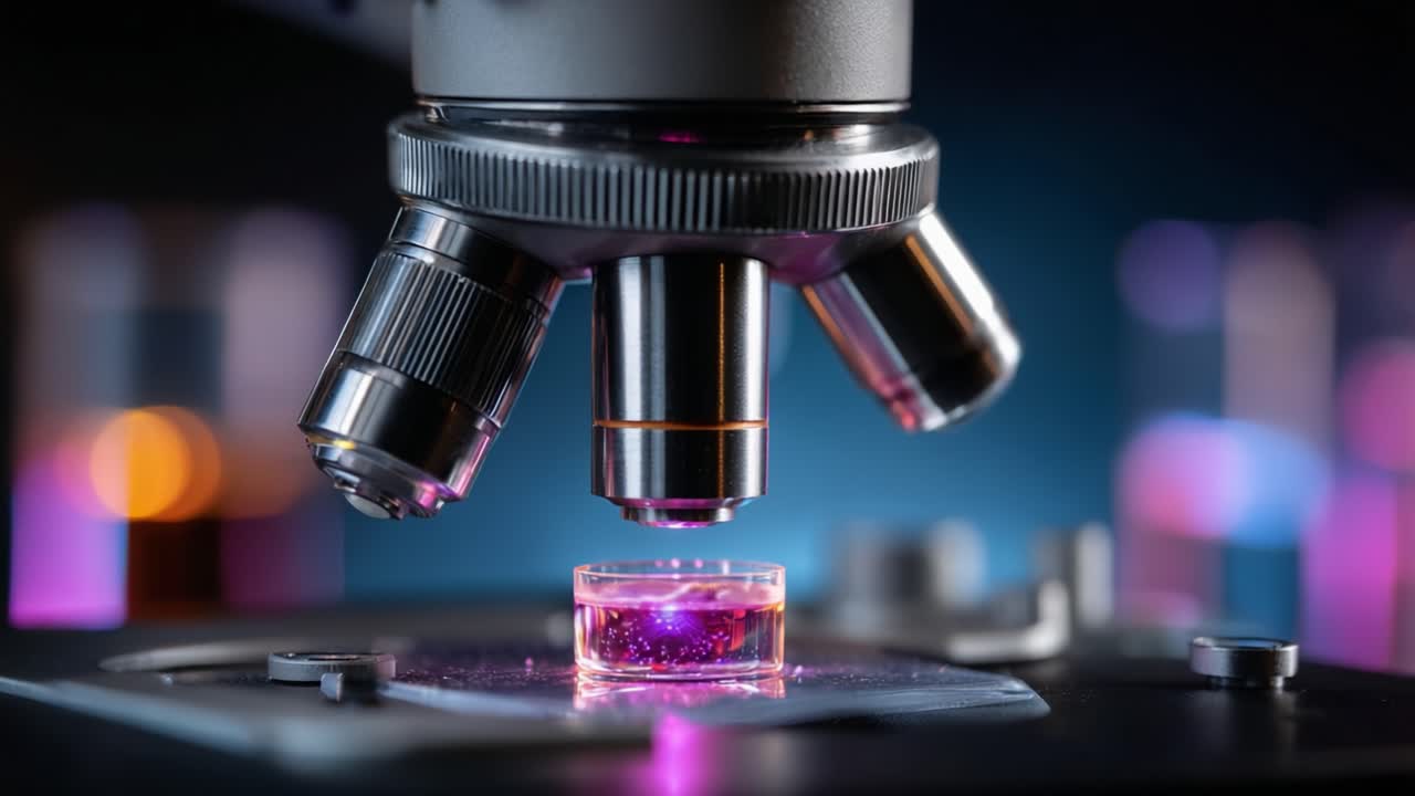 An Elegant Close-Up View of a Microscope Focusing on a Glass Slide with Vibrant Purple Material, Showcasing the Intricacies of Microscopic Observation