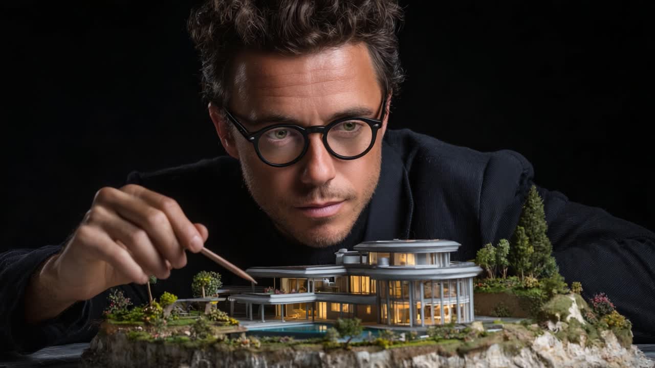 A Creative Visionary Engaged in Building a Detailed Architectural Model of a Luxurious Mansion, Showcasing Artisan Skills and Design Precision