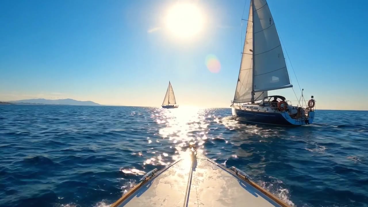 Een serene dag op zee: zeilen in het zonlicht met twee boten die soepel over het sprankelende oceaanwater glijden, wat een prachtig nautisch avontuur toont