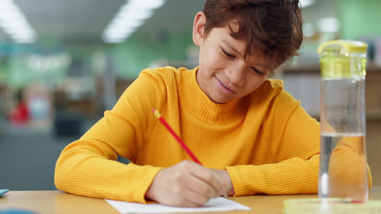 Student writing at a desk
