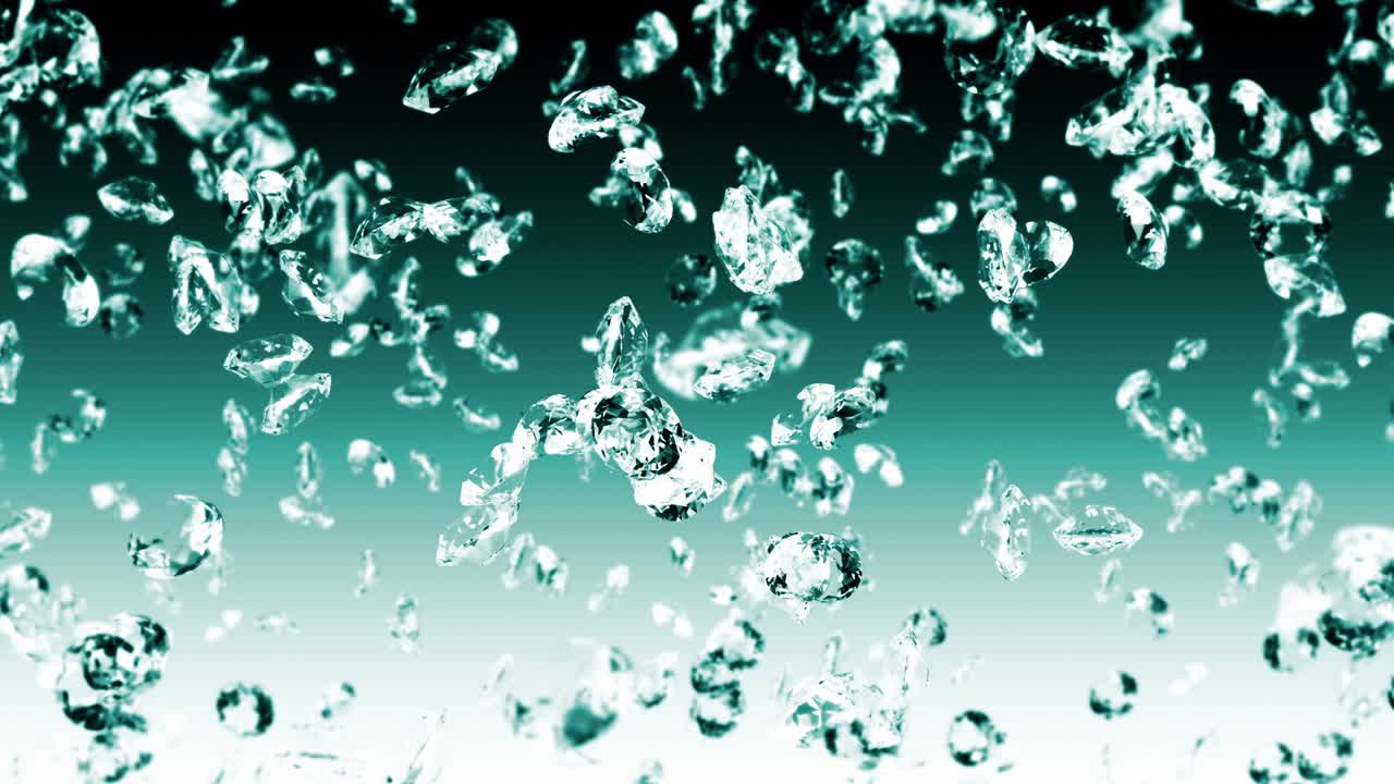 에메랄드 녹색 바탕에 많은 보석 다이아몬드를 날아. 투명하고 귀중한 보석을 빛니다. 화려한 다이애몬드 회전의 3d 애니메이션. 루프 애니메이션.