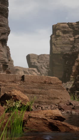 a canyon landscape with red rock cliffs