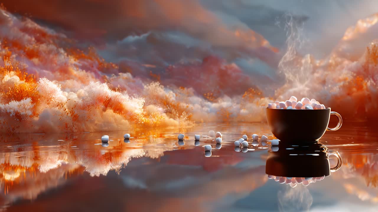 A soothing cup of steaming hot beverage topped with fluffy marshmallows, set against a dramatic backdrop of swirling clouds and reflective water creating a serene atmosphere