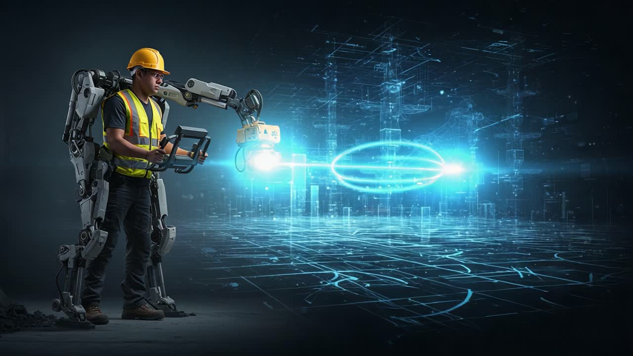 Exploring the Future of Construction: A Worker in an Exosuit Leveraging Robotics for Enhanced Efficiency and Safety in a High-Tech Environment