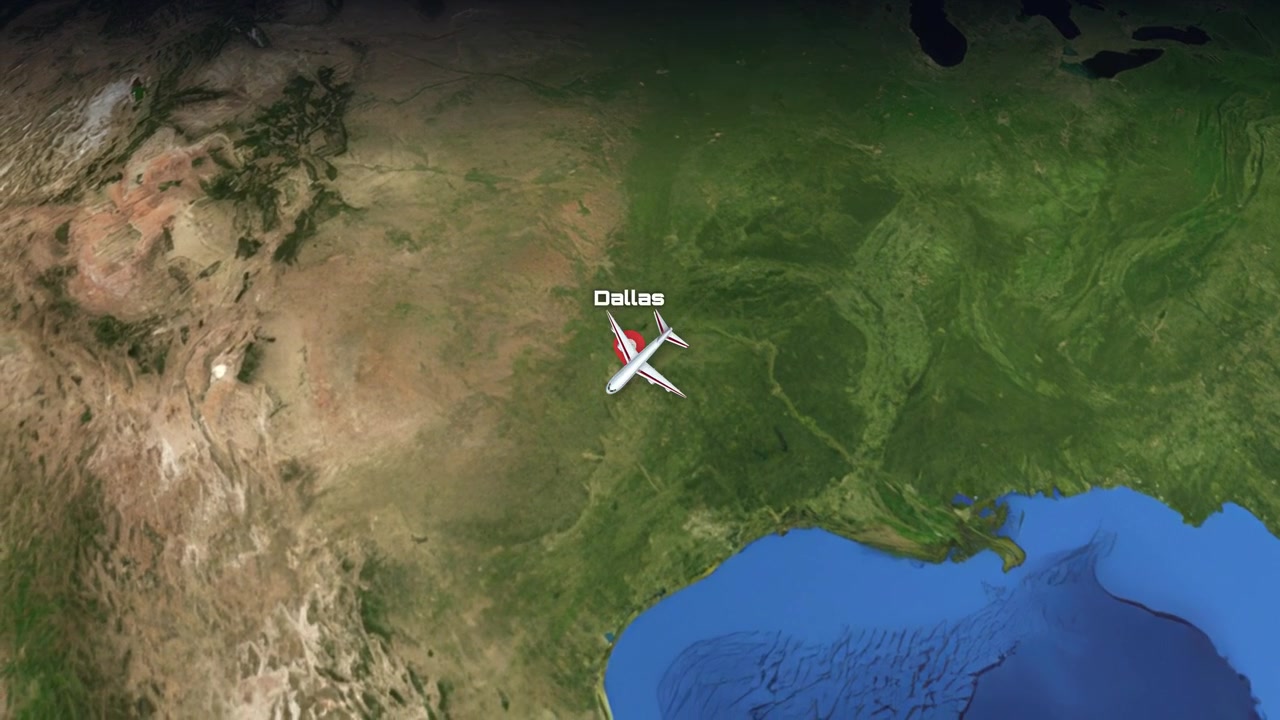 A commercial airplane flies across the Atlantic Ocean from Munich to Dallas on Earth globe