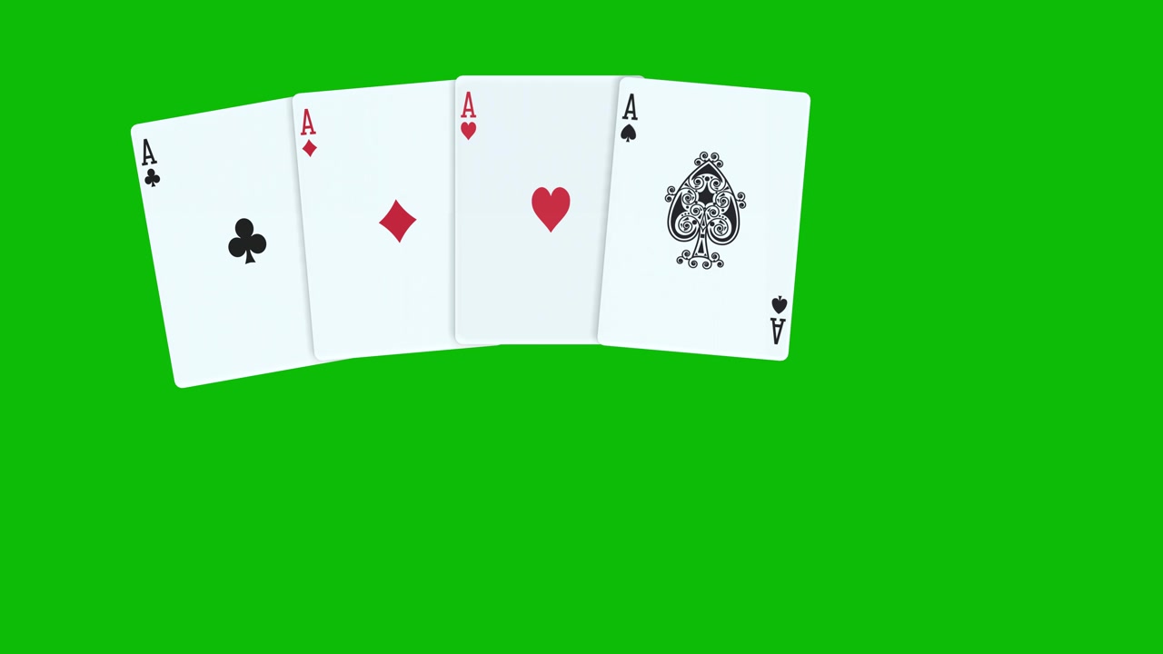 A poker hand consisting of Four of a Kind A, with cards thrown one by one on green screen 3D animation, animated poker cards, dealing poker cards animation