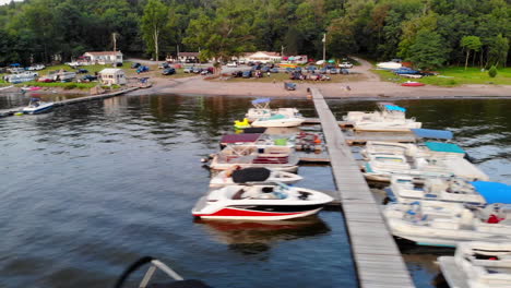 drone view of boats and jet skiing, upstate new york, usa