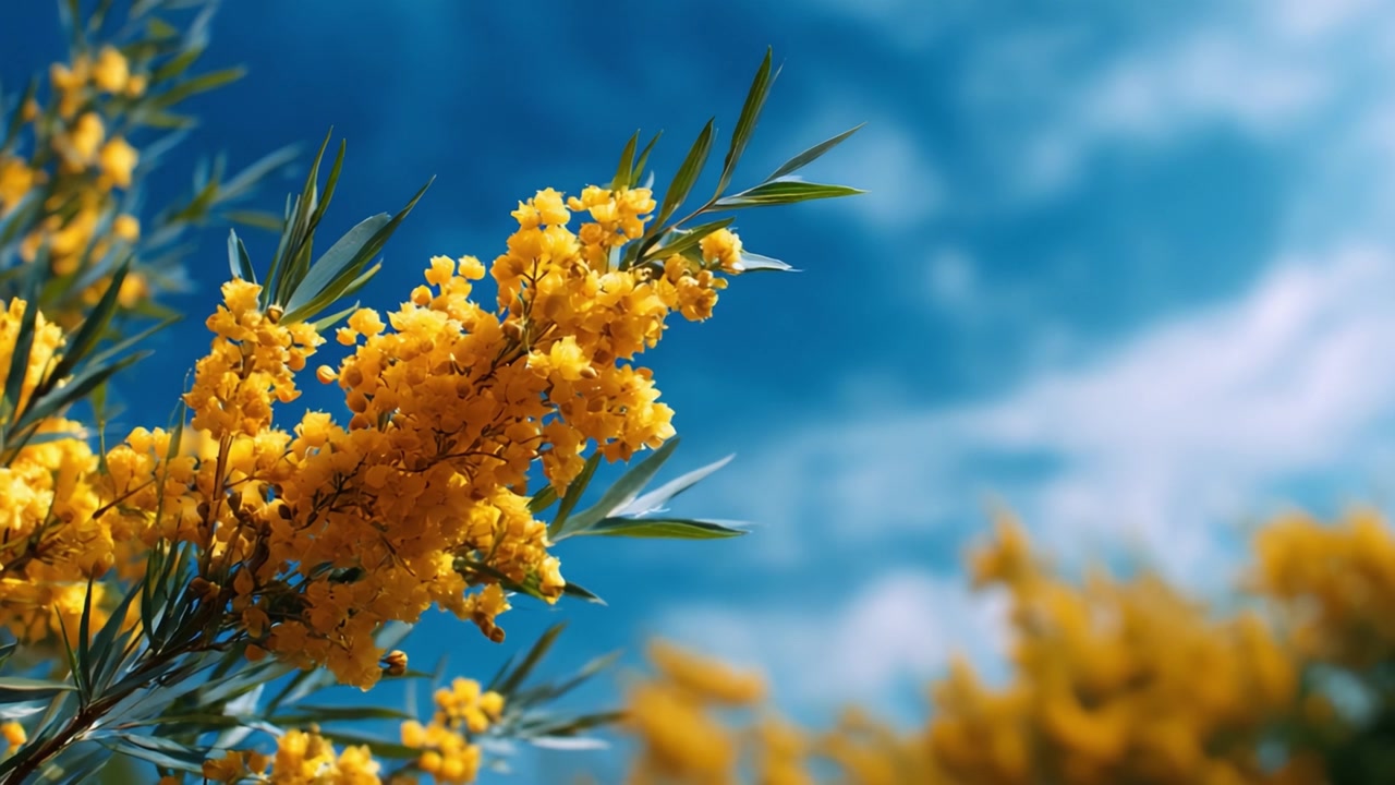 Fioriture dorate vibranti: uno spettacolo mozzafiato di fiori gialli contro un cielo azzurro brillante, che cattura l'essenza della primavera e l'abbondanza della natura in piena fioritura