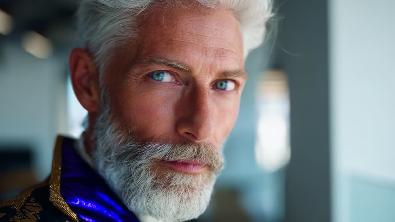 Un ritratto accattivante di un distinto gentiluomo con intensi occhi azzurri e capelli argentei, immortalato in un ambiente luminoso e contemporaneo, che emana carisma e profondità