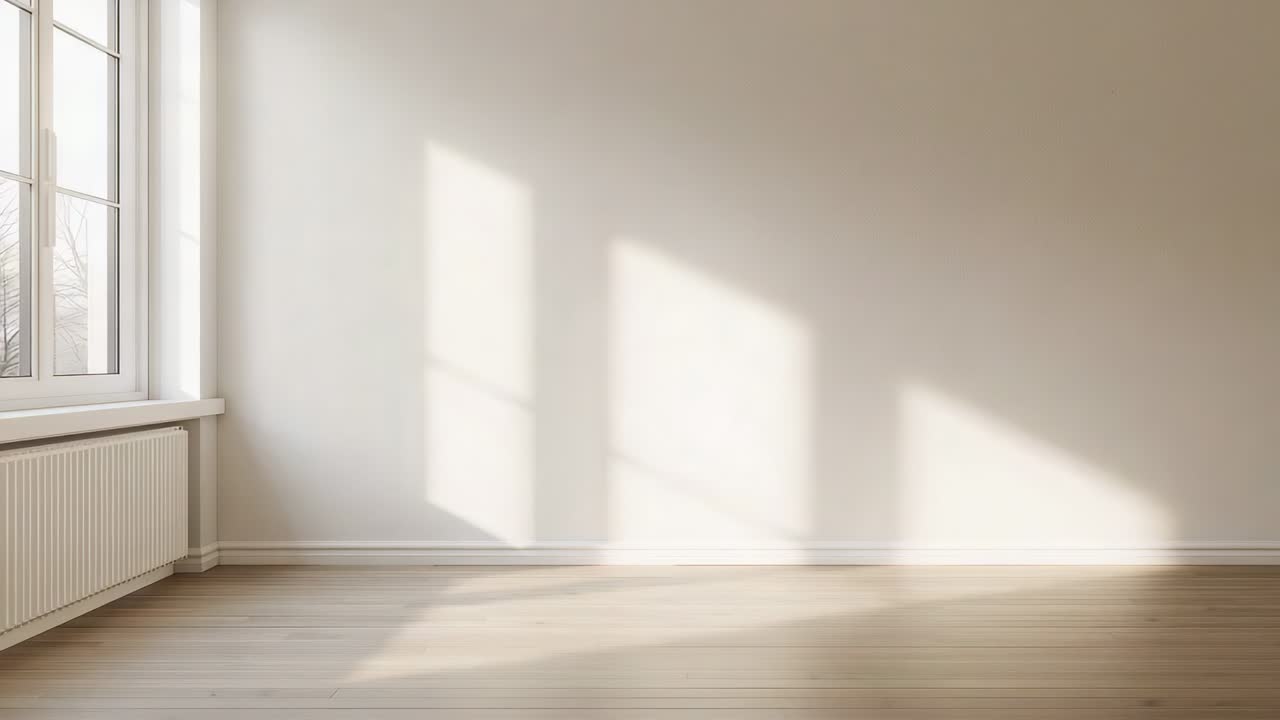 Shifting sunlight through window casting shadows across wall in room, sliding right as sun moving