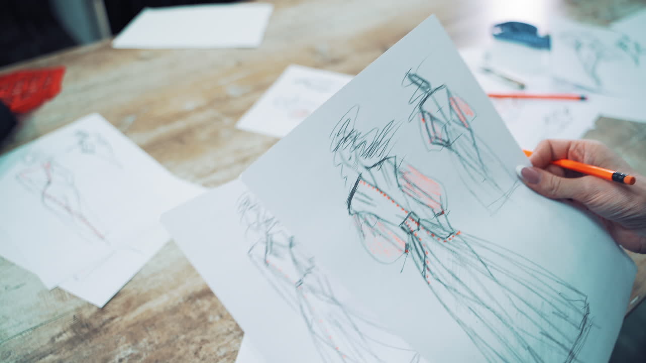 Fashion designer is looking at different sketches and throws away unsuitable one. Workplace of a dressmaker with many drawings of modern dresses written on papers on the table.