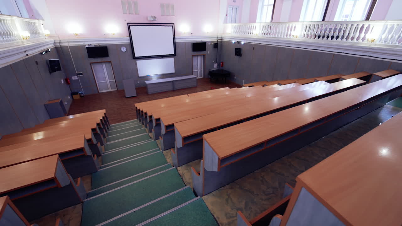 Conference lecture room with empty audience. Empty big modern education room.