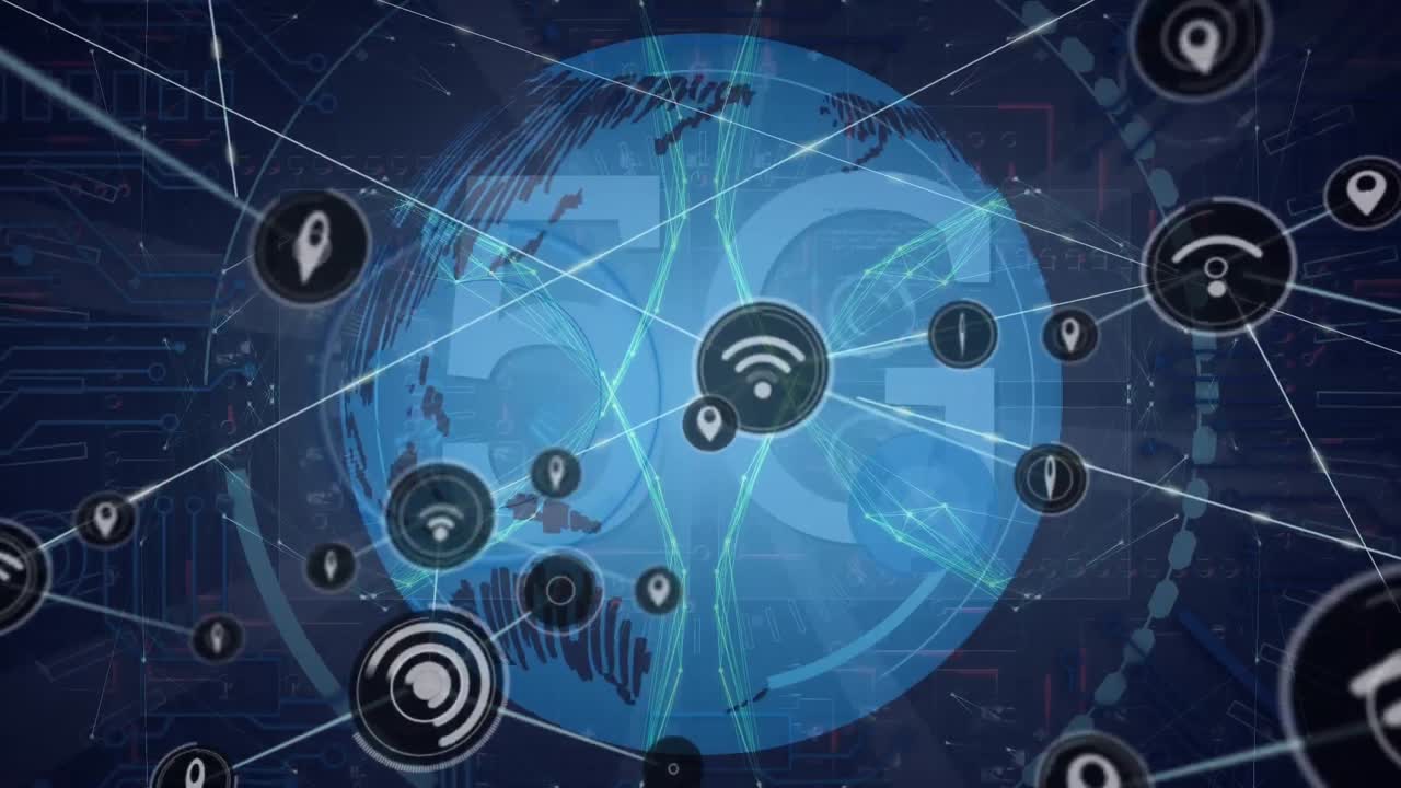 animación de la red de conexiones con iconos sobre el procesamiento de datos y un globo sobre fondo negro