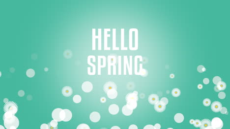 hello spring with flying white flowers on green gradient