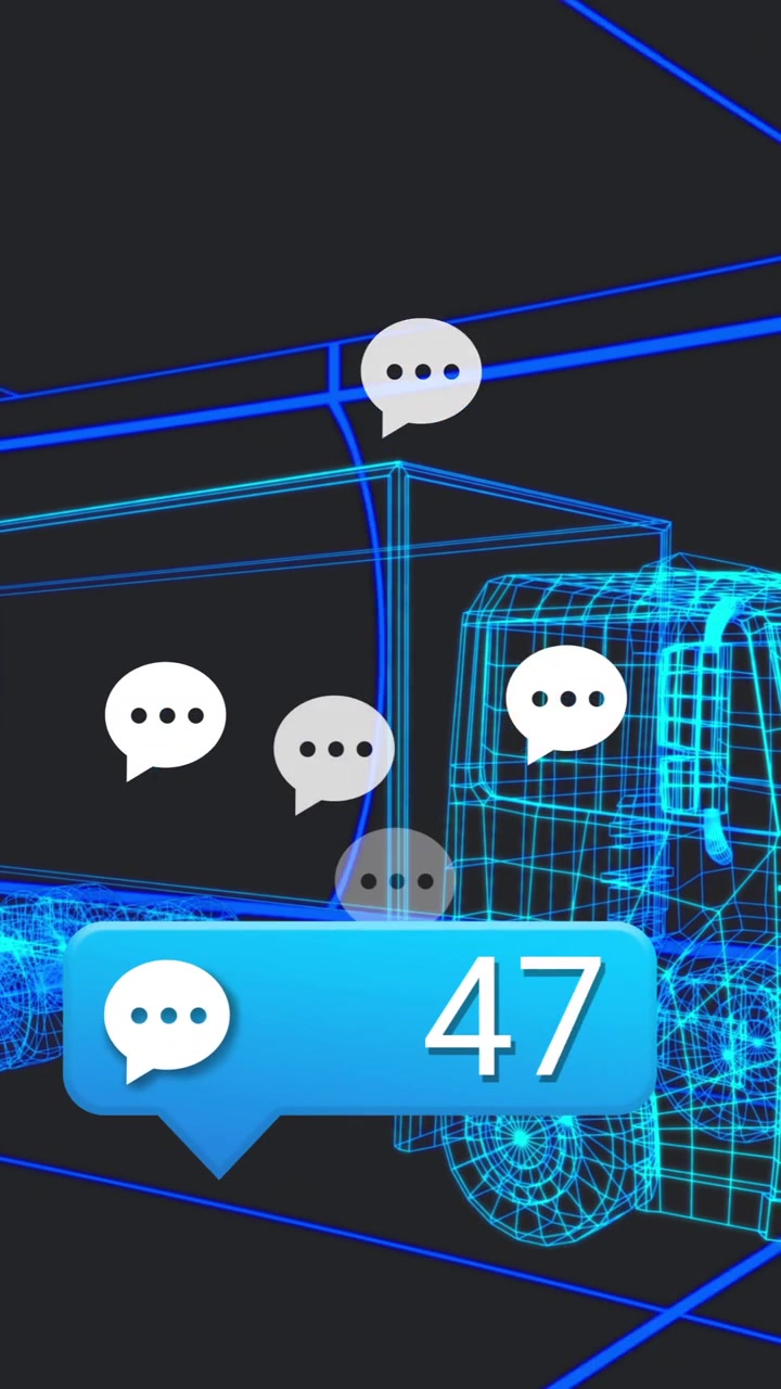 Animazione di camion wireframe digitale con icone di chat e numero 47 visualizzato