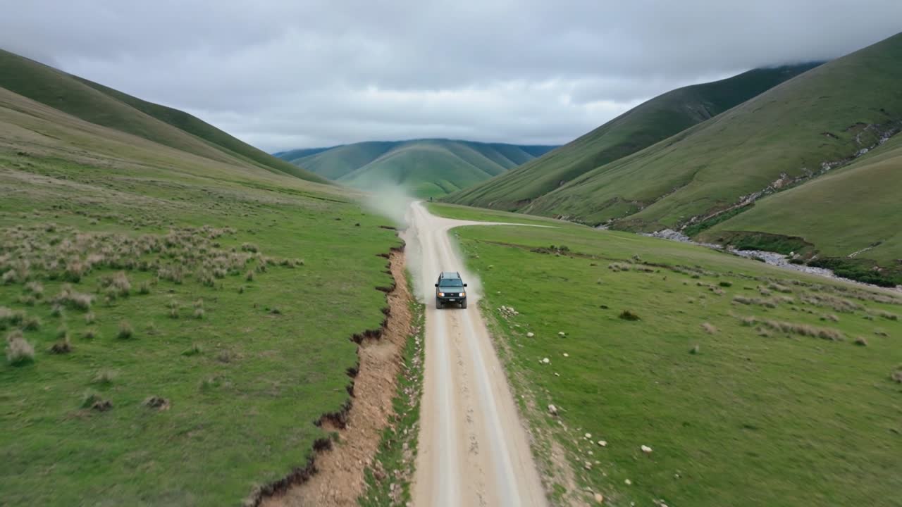 Vista aerea di un'auto che percorre una strada sterrata attraverso una verde valle di montagna.