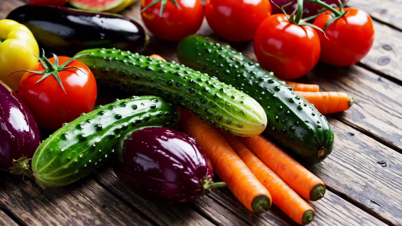 Assortment of Fresh Garden Vegetables and Healthy Bowls with Cucumbers and Tomatoes