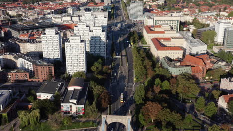 Aerial-shot-of-the-Eastern-cityscape-of-central-Wroclaw,-Poland